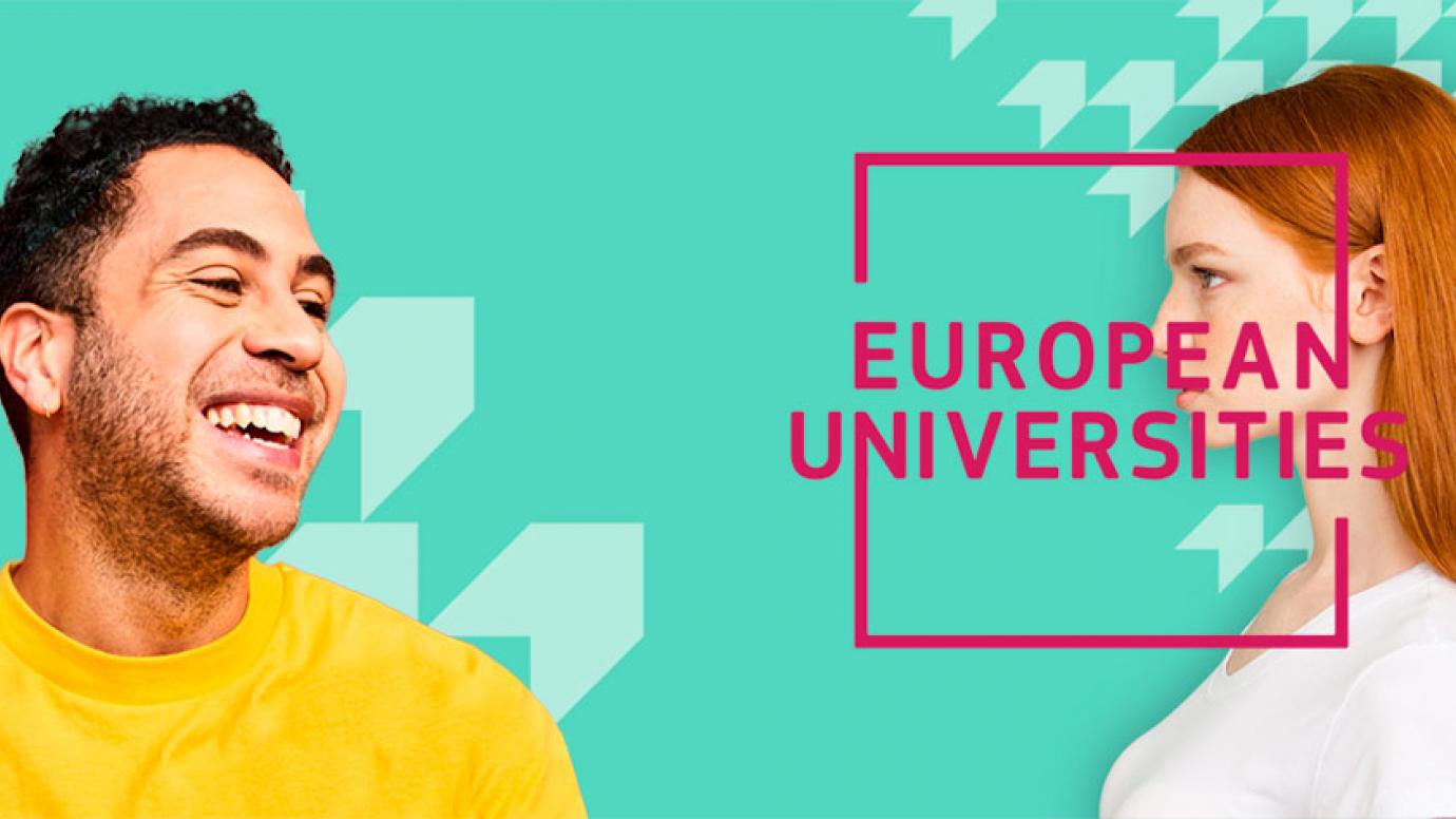 A young man and women laugh together with the words "European Universities" overlayed