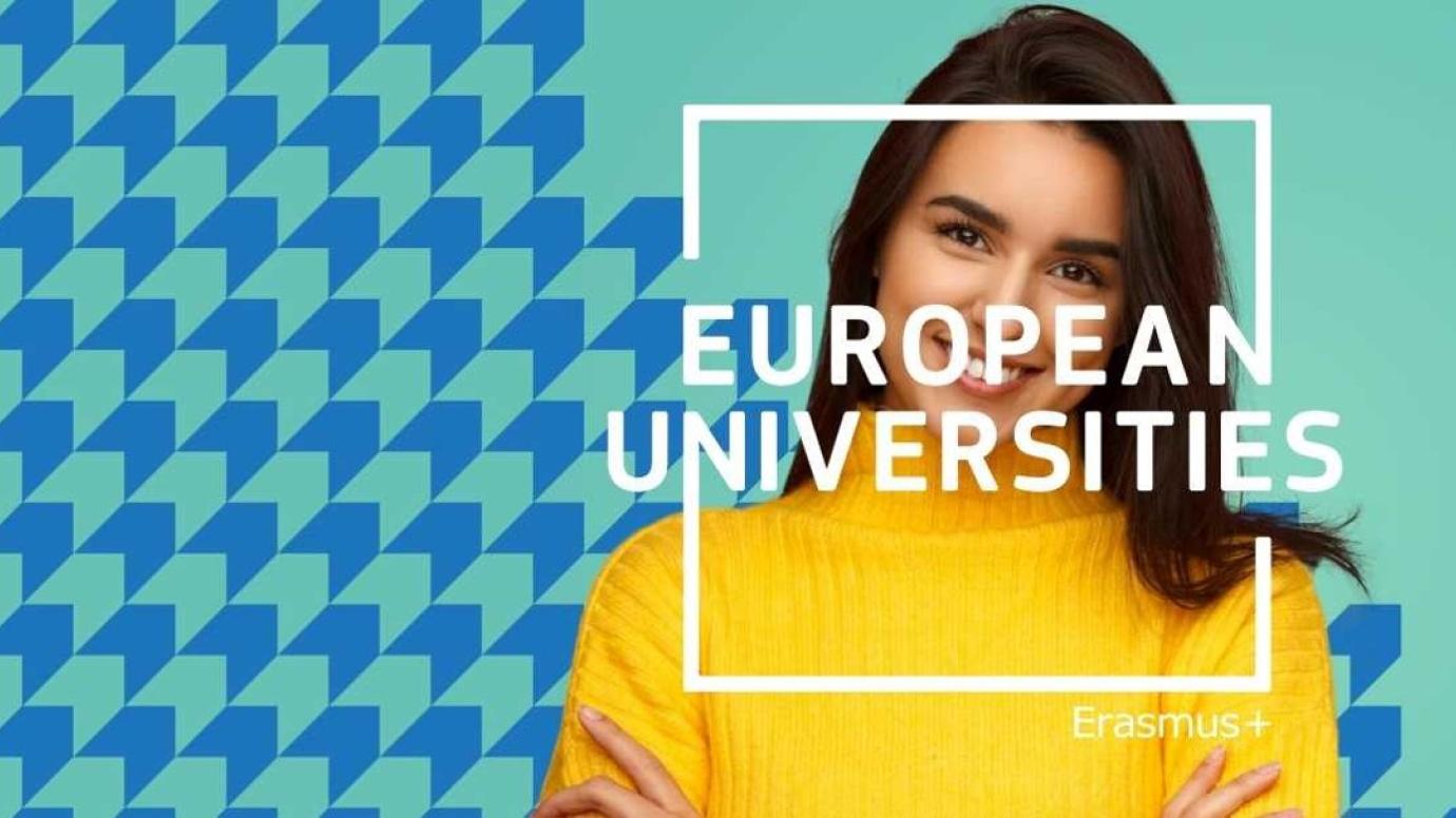 A girl standing behind the logo saying European Universities